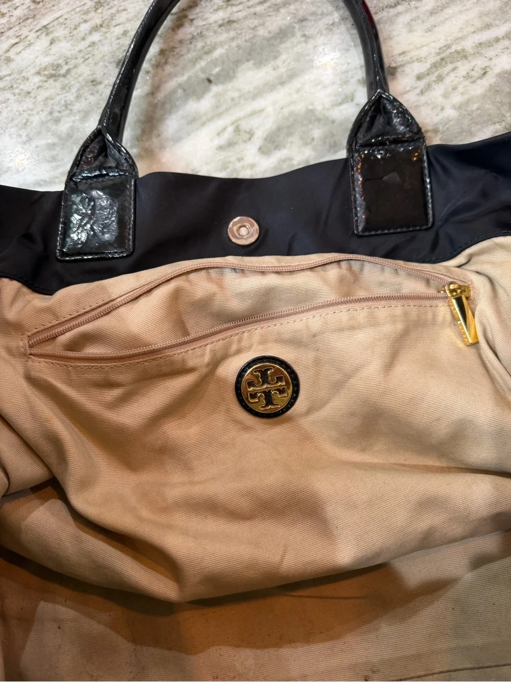 Tory Burch Black Nylon Tote with Glossy Patent Logo